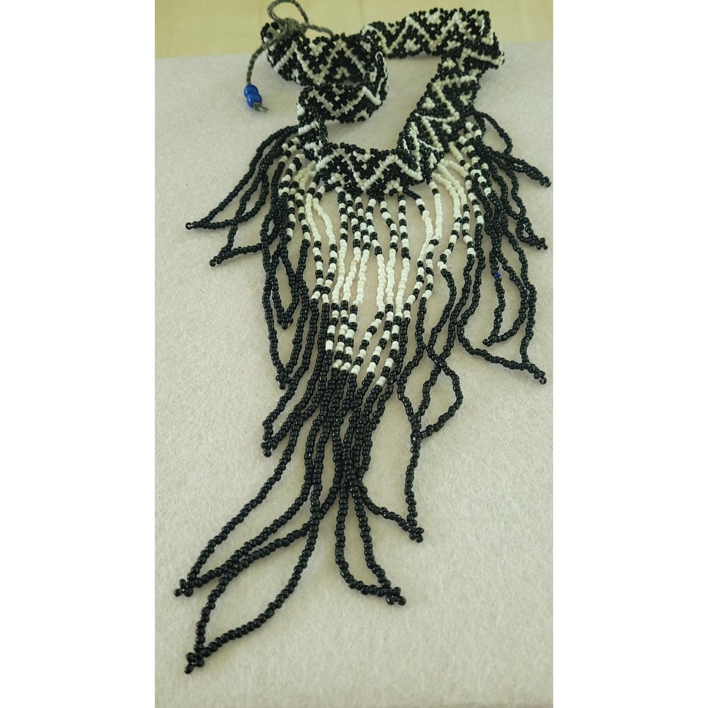 Handmade Seed Bead Collar Necklace Black White Geometric Fringe Statement 16"